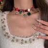 Red Plush Christmas Necklace with Bells, Reindeer, and Snowflakes - Women's Festive Choker
