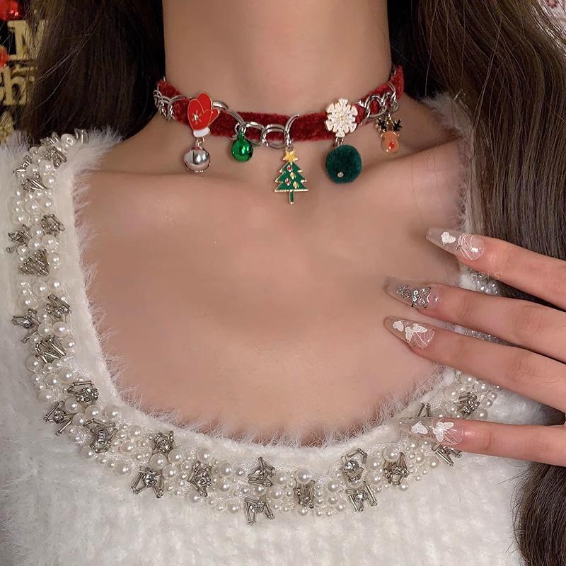 Red Plush Christmas Necklace with Bells, Reindeer, and Snowflakes - Women's Festive Choker