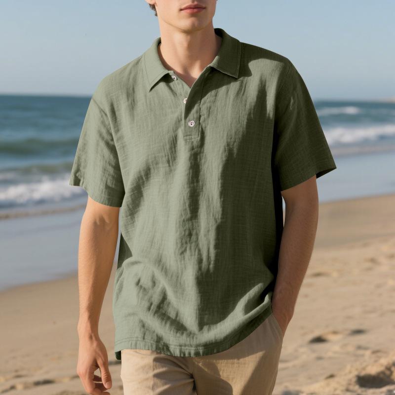 Men's Summer Half-Button Lapel Solid Color Loose Breathable Casual Short Sleeve Shirt