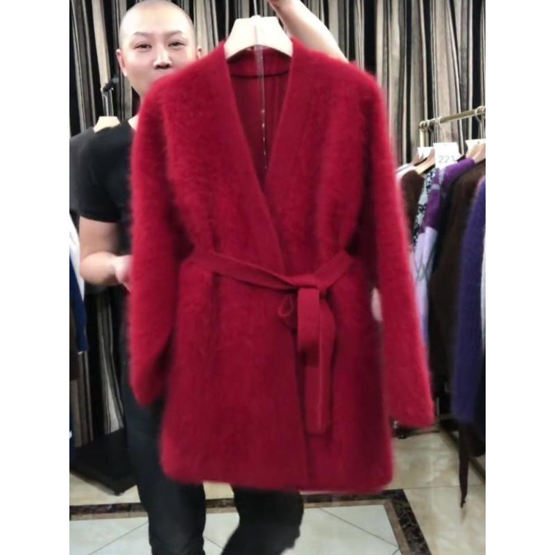 Элегантный пушистый вязаный кардиган – Приталенный, Осенне-зимний стиль 4XL красный