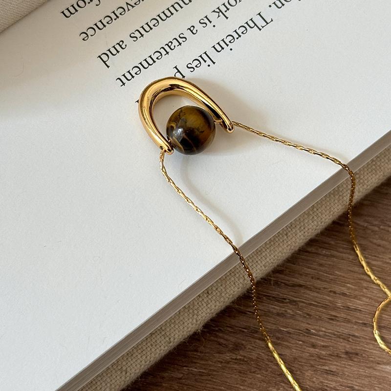 

Stainless steel U-shaped ball tiger s eye stone necklace niche design sense personalized sweater chain fashion versatile necklace women