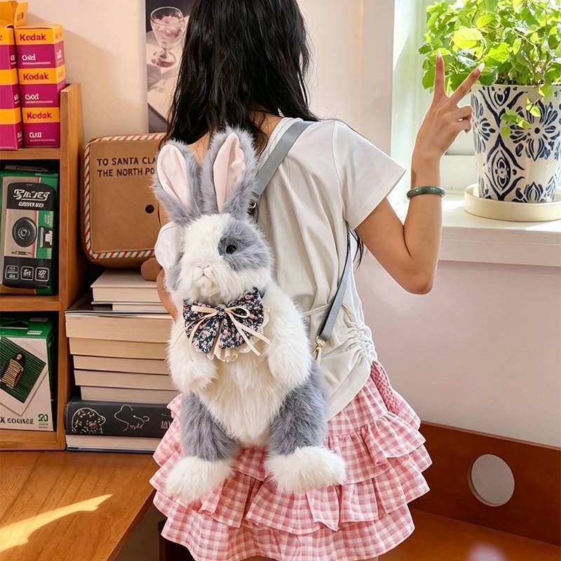 Cute Bowknot Plush Rabbit Backpack Realistic Long Fur Bunny Doll Cartoon Stuffed Animal Bag