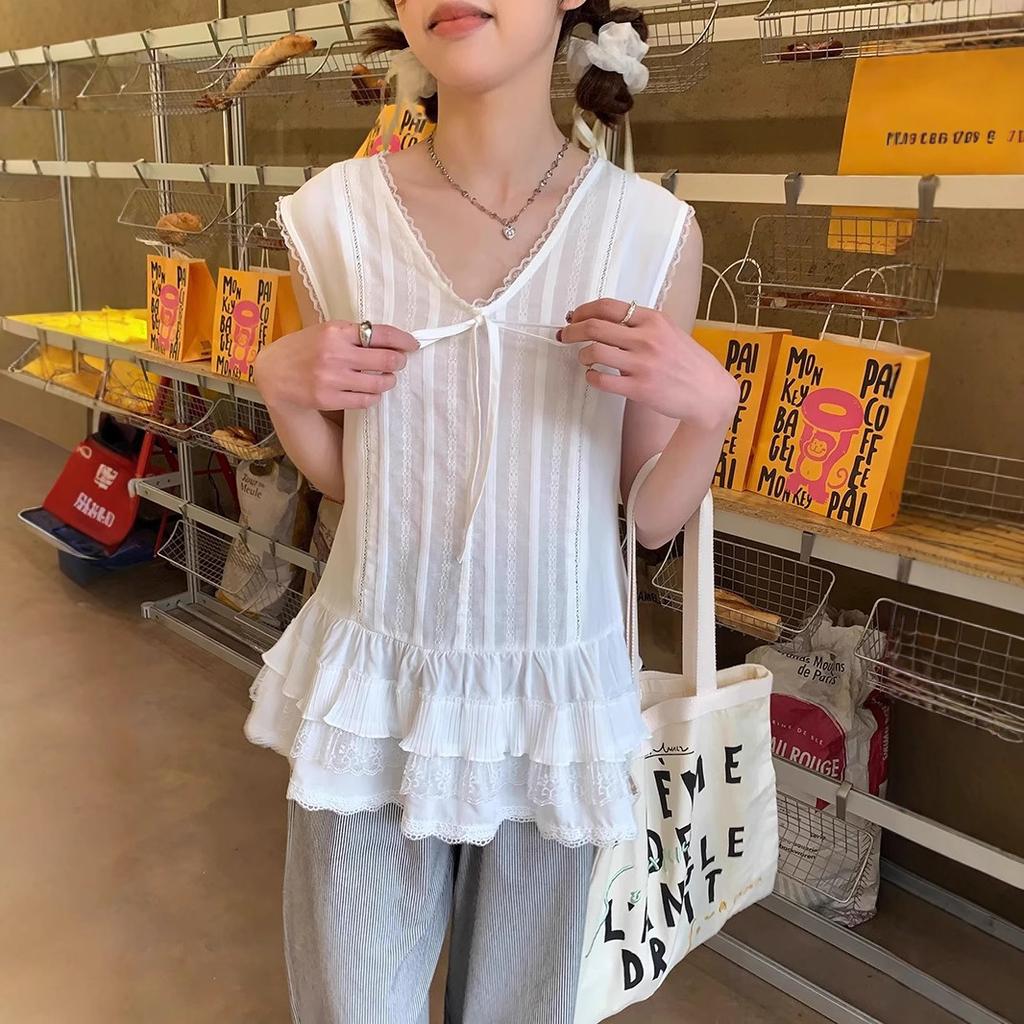 Summer Women's New Japanese Fashion Casual Pure Desire Style Lace Splicing Lace-up Doll Shirt Sleeveless Vest Top