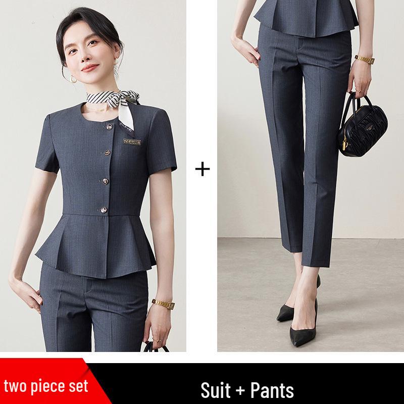 Women's Professional Ruffled Suit Set - Short-Sleeved, Cinched Waist for Hotel Reception Businesswear