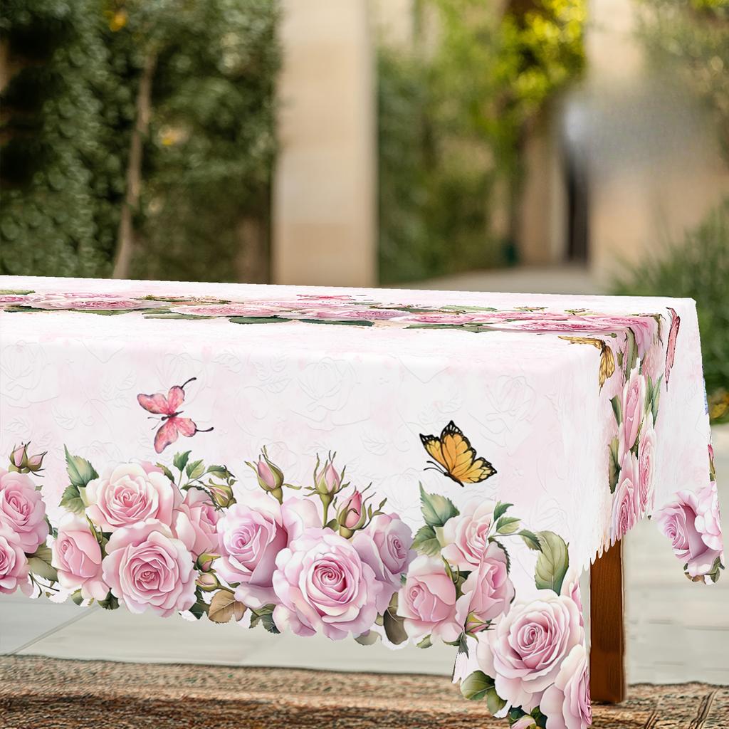 Spring Pink Rose Flowers Linen Tablecloth Wedding Party Decor Seasonal Floral Butterfly Table Cloths Mother'S Day Decorations