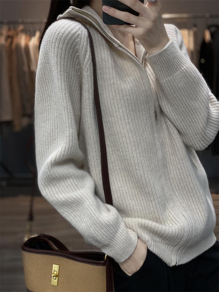 Women's Thick High Neck Zipper Cardigan - Loose Fit, Solid Color Long Sleeve Knit Sweater Coat