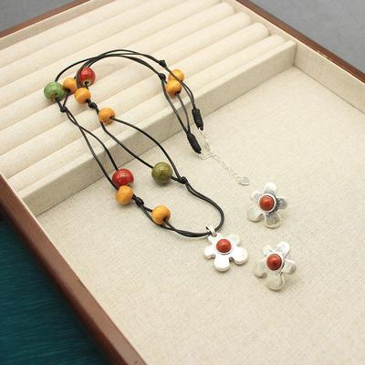 Caribbean Flower Ceramic Fruit Necklace & Red Stone Earring Set