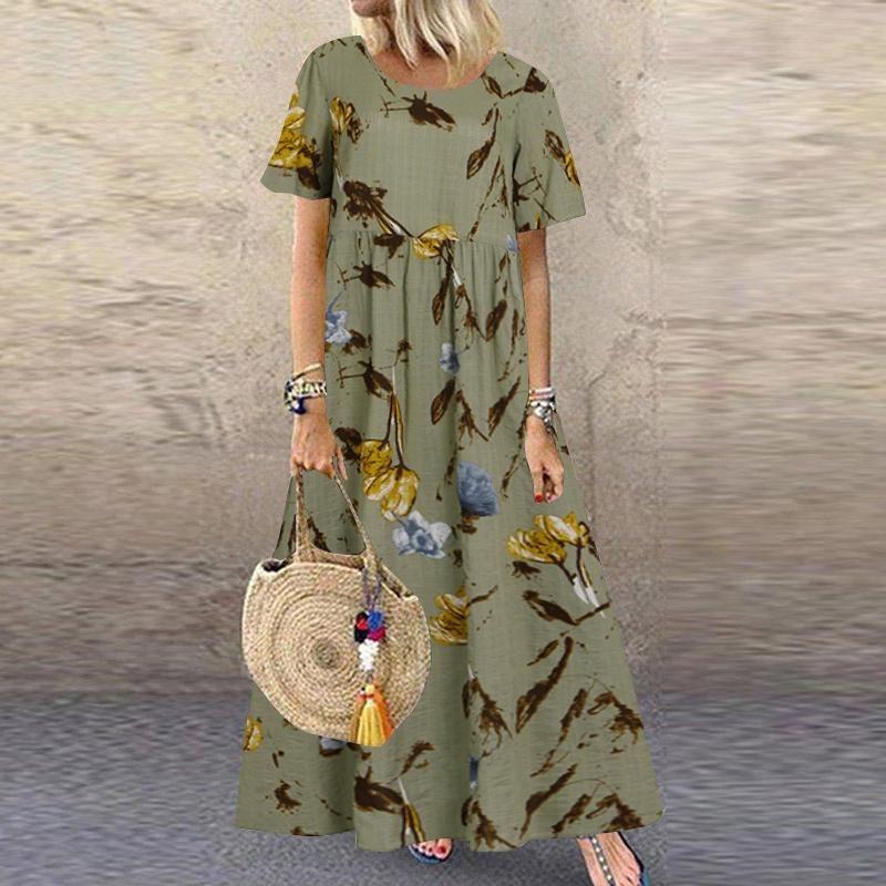 Rundhalsad Klänning för Kvinnor;Sommarmode Ny Tryckt Klänning Casual Lös och Enkel Lång Klänning Elegant damkläder