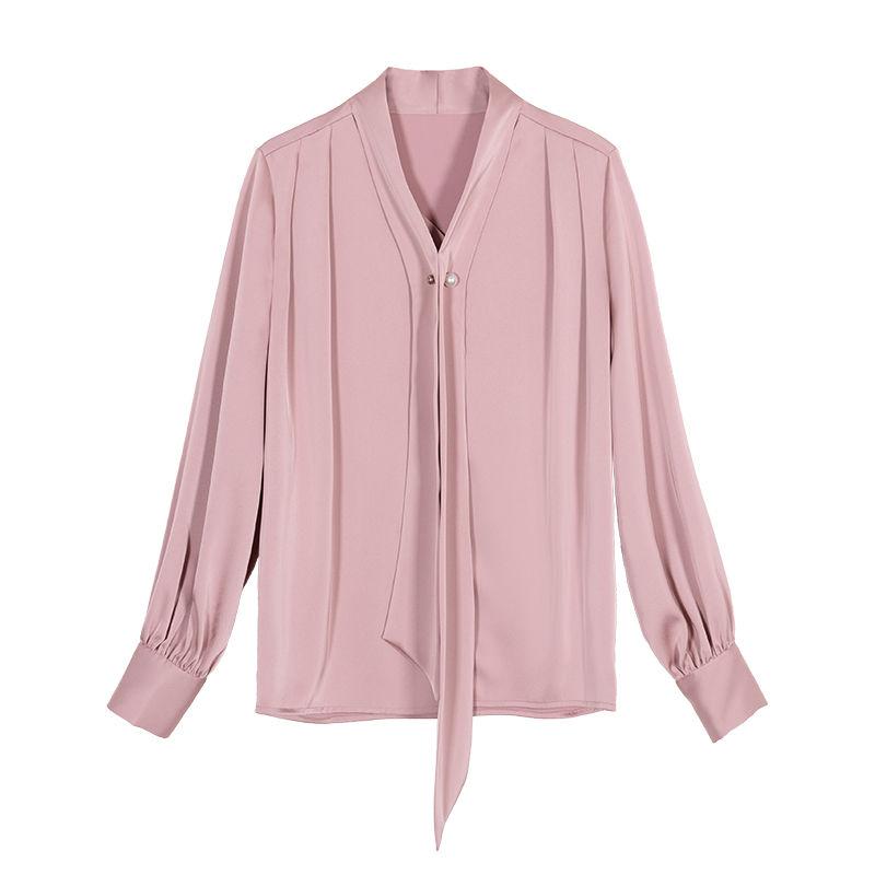 Satin Elegant Chic Ribbon Collar Long Sleeve Office Lady Shirt Spring Korean Fashion Simple Loose Solid Blouse Top Women Blusas