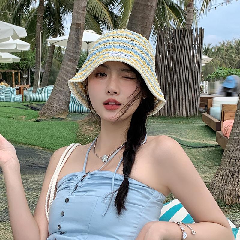 

Retro contrasting striped knitted fisherman s hat children spring and summer hollow thin big head circumference showing washbasin hat Adult average size (56-58cm) рожевий