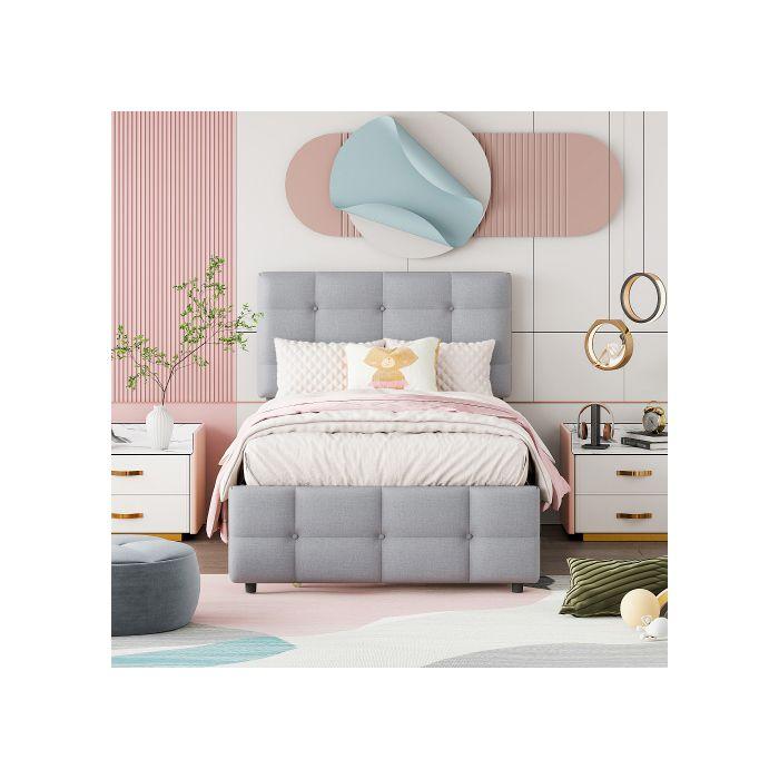 Lit rembourré - MUVOE - 90 x 200 cm - Extensible - Tête de lit réglable - Gris