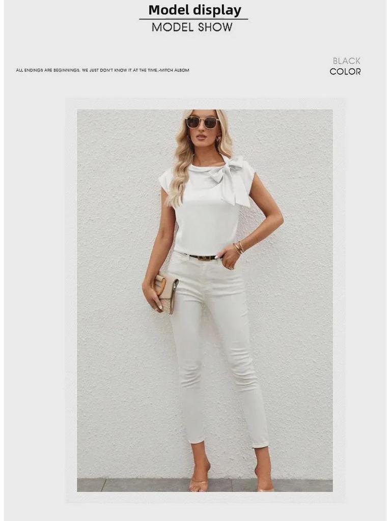 T-shirt da donna in raso con colletto a fiocco e design di nicchia