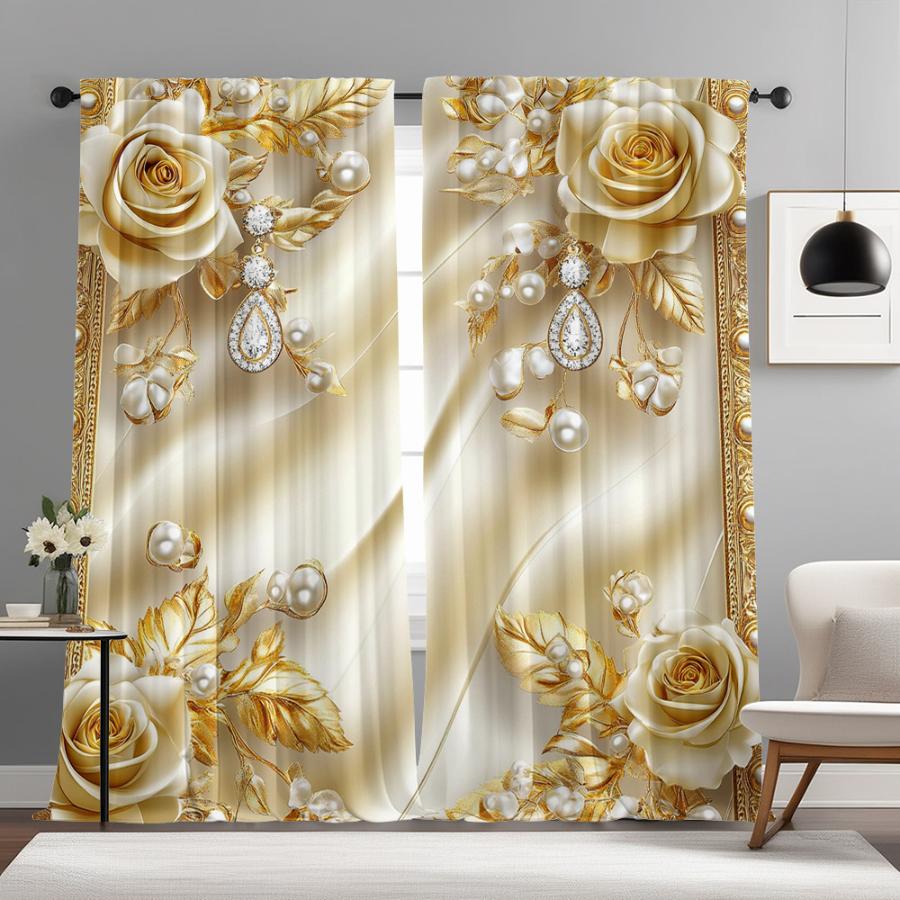 2PCS Digital Printed Curtains, European Diamond Golden Flower Pattern, Stylish Window Treatment for Living Room Bedroom Decor