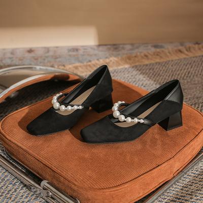 Temperamentné dámske jednopárové topánky so štvorcovou špičkou, ľahkým otvorom a hrubým podpätkom, nové módne pohodlné dámske topánky Mary Jane s perlovým remienkom