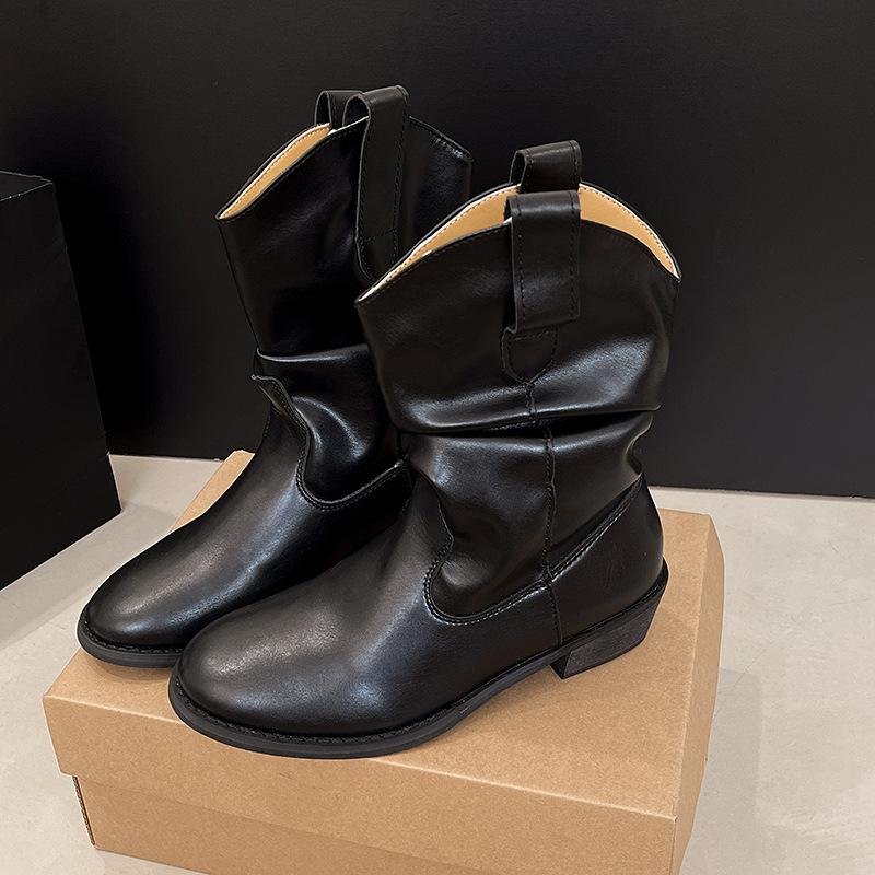 Sheepskin version~ inner height-increasing retro pleated stacking boots women's V-mouth suede mid-tube western boots versatile thick-heeled knight bo