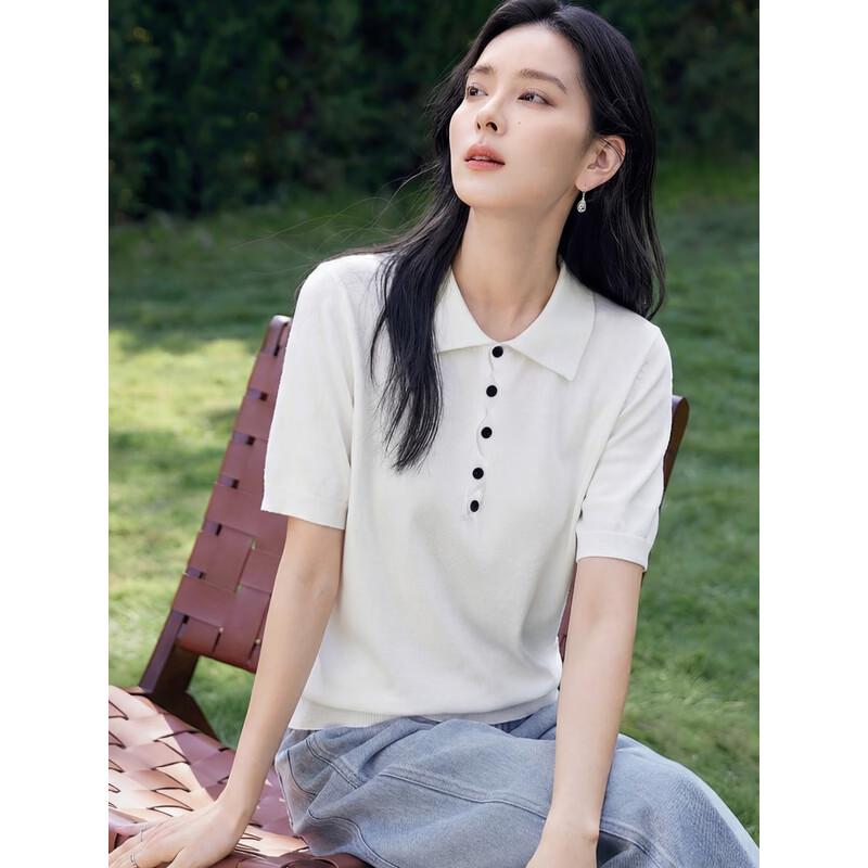 Chushen Women's Polo Neck Knit Short Sleeve Top