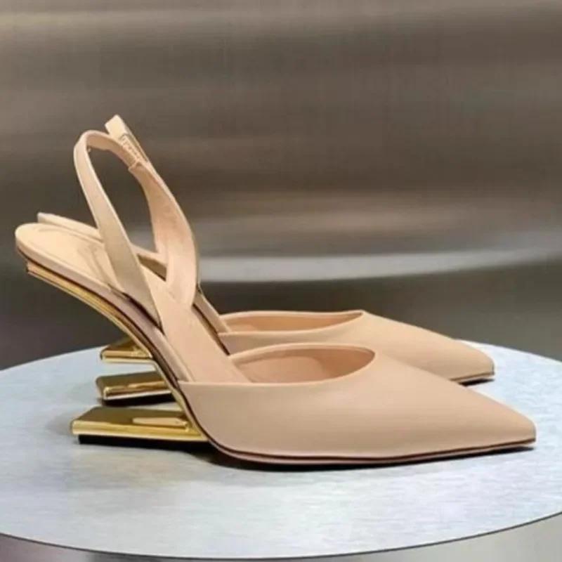 Fashion New Weird Style High Heels Women Slingback Metal High Heels Women Shoes Pointed Toe Party Dress Shoes Sandalias De Las Mujeres