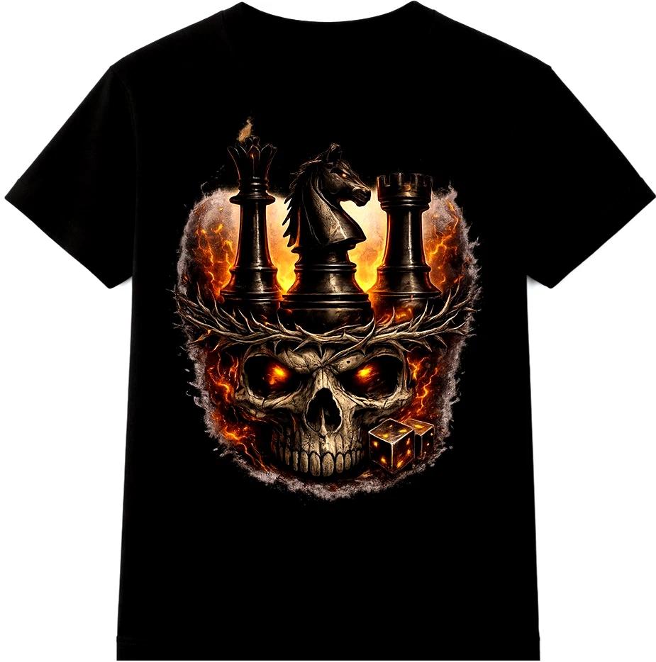 Skull T-Shirt Chess Graphic King Knight Rook Fiery Dark Fantasy Strategy Tee XXL