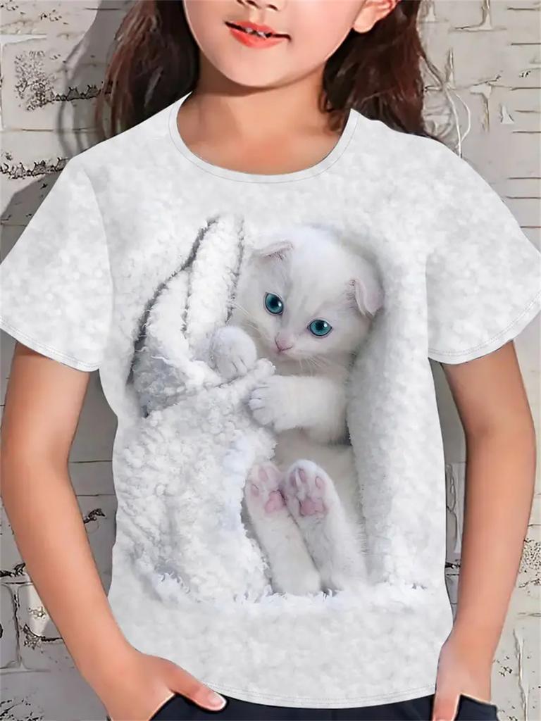2025 Girl Clothes 3D Print Cute Cat Crew Neck Short Sleeves Graphic T Shirts Summer Streetwear Fashions T-Shirts for Children