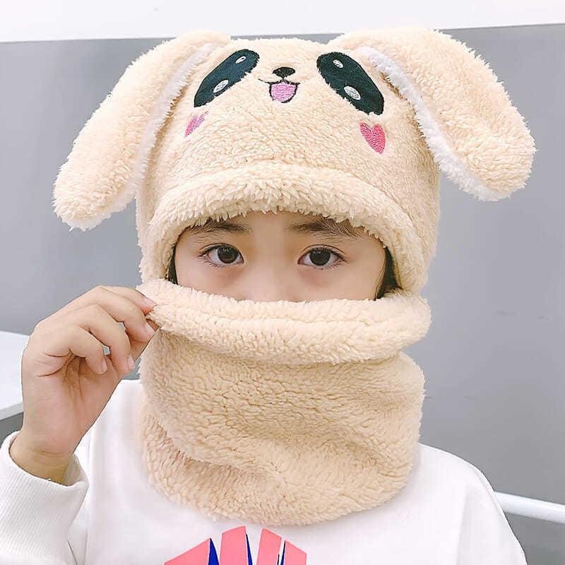 Winter Cartoon Rabbit Coral Velvet Cap Plush Balaclava Kids Caps Double Fleece Baby Scarf Hat Children