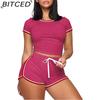 BITCED Summer Plus Size Women's Solid Colour Patchwork Short-Sleeved Casual Two-Piece Set