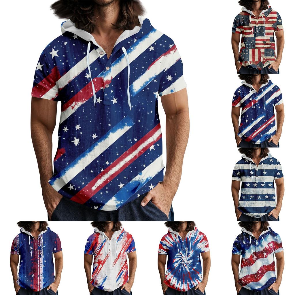 Pánské ležérní tričko s krátkým rukávem a kapucí, s rozhalenkou na knoflíky