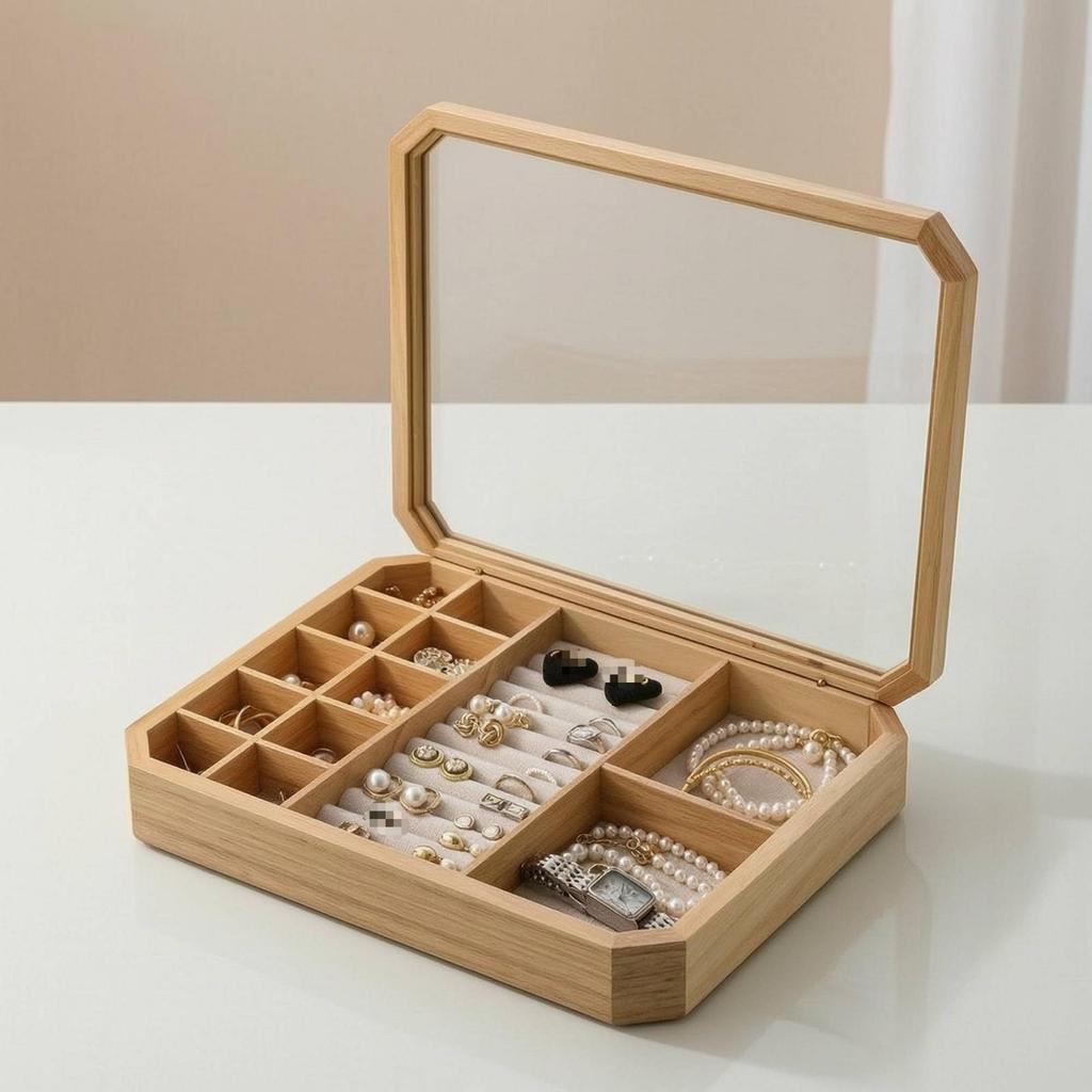 Wooden Jewelry Box with Compartments Divided Desktop for