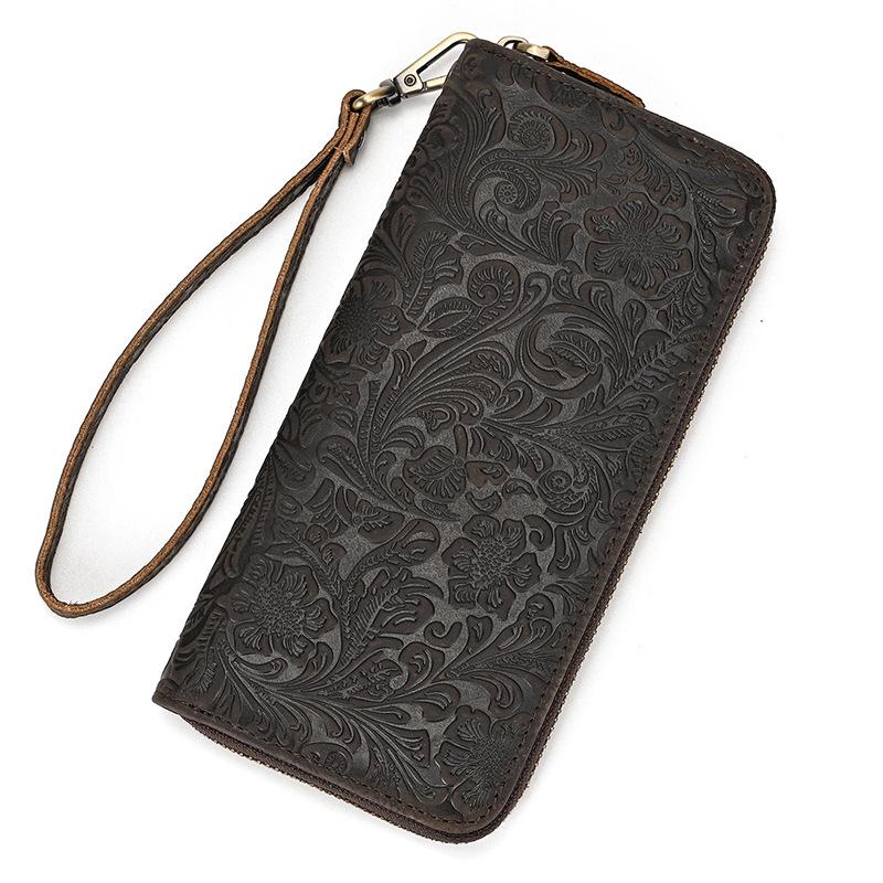 Leather Long Wallet Retro Embossed Zipper Wallet With Hand Strap Multi-Card Mobile Phone Change Bag Burst