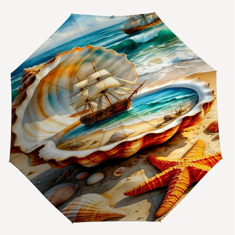 1PC Seashell Ocean Umbrella-8-Rib Reinforced, Automatic Open, Lightweight & Durable, Fashion Accessory for Outdoor, J0370
