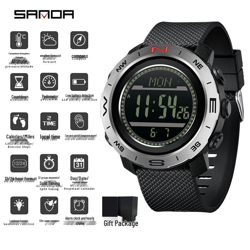 Sanda Outdoor Sports Watch: Multifunctional Altimeter, Compass, Weather Forecast, Pedometer, Waterproof.