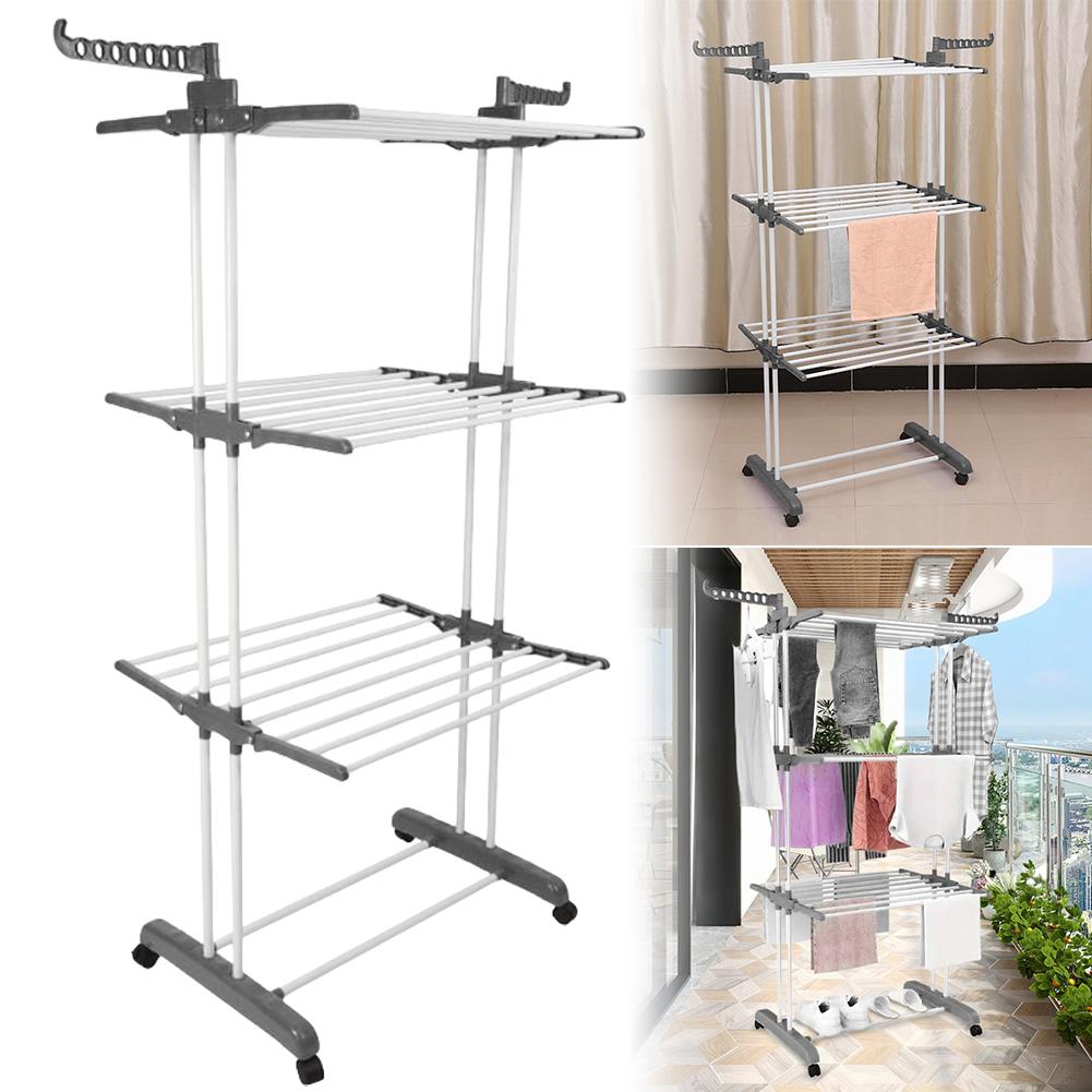 4-Tier Foldable Drying Rack Free Standing Movable Laundry Rack with 4 Castors Rolling Clothes Horses Dryer Rack W/ 4 Drying Pole