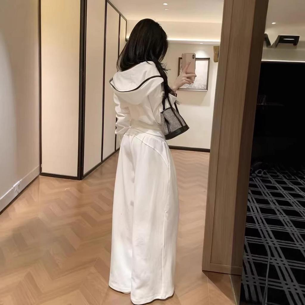 Korean Style Spring 2026 Women's White Hoodie & Wide-Leg Pants Casual Set