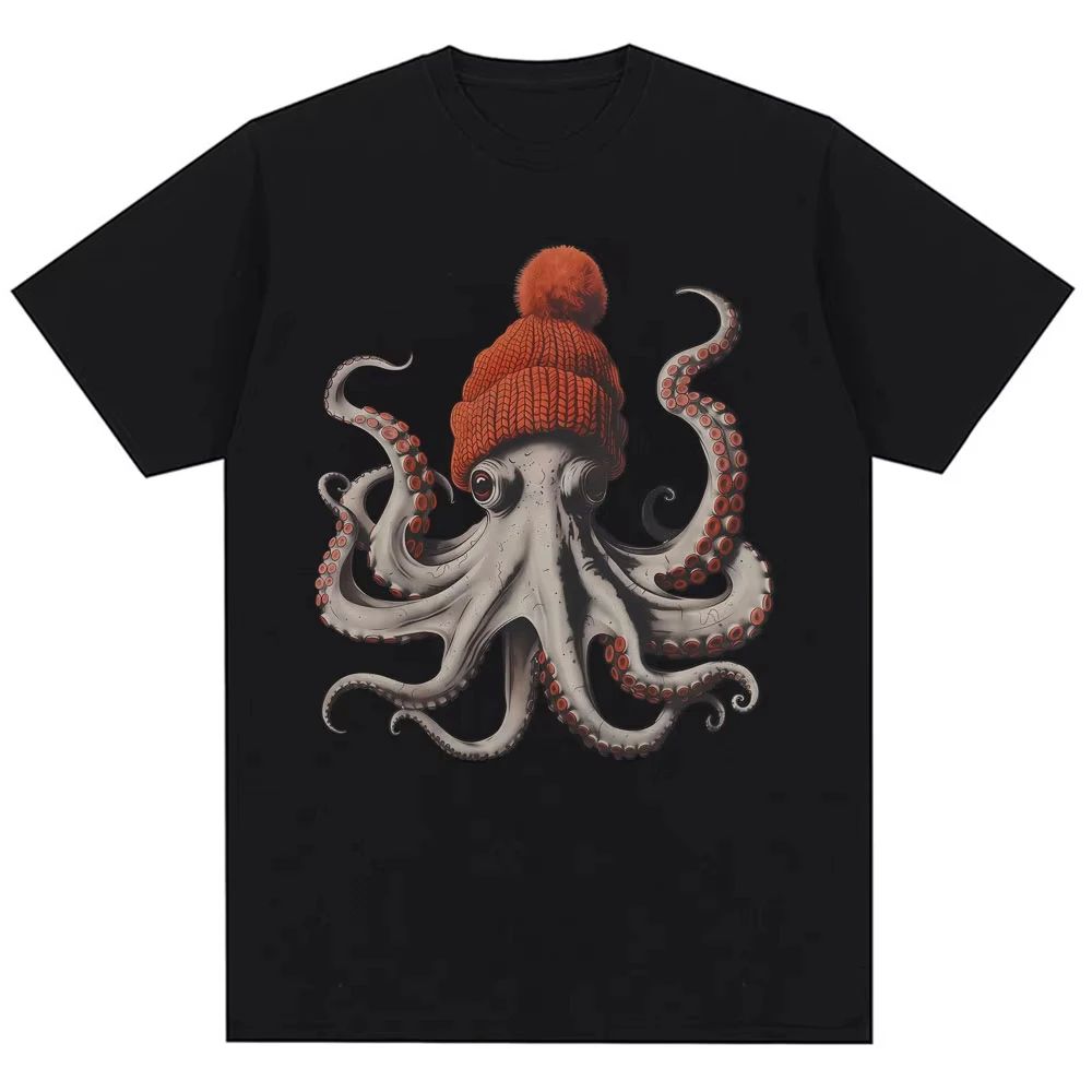 90s Vintage T Shirts Funny Octopus Wearing Beanie Printed TShirt N Fashion Oversized Cotton Casual ONeck Tshirts Unisex