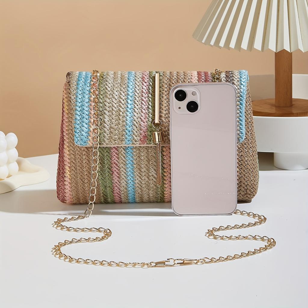 Bunte gestreifte gewebte Umhängetasche für Damen, Elegante Handtasche mit abnehmbarem Riemen, Regenbogenstreifenmuster, Umhängetasche, Kleine Crossbody-Tasche