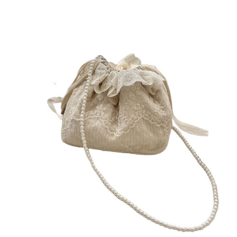 New Trendy Fashion Lace Versatile Drawstring Bucket Bag Shoulder Messenger Bag Pearl Strip Women's Small Bag
