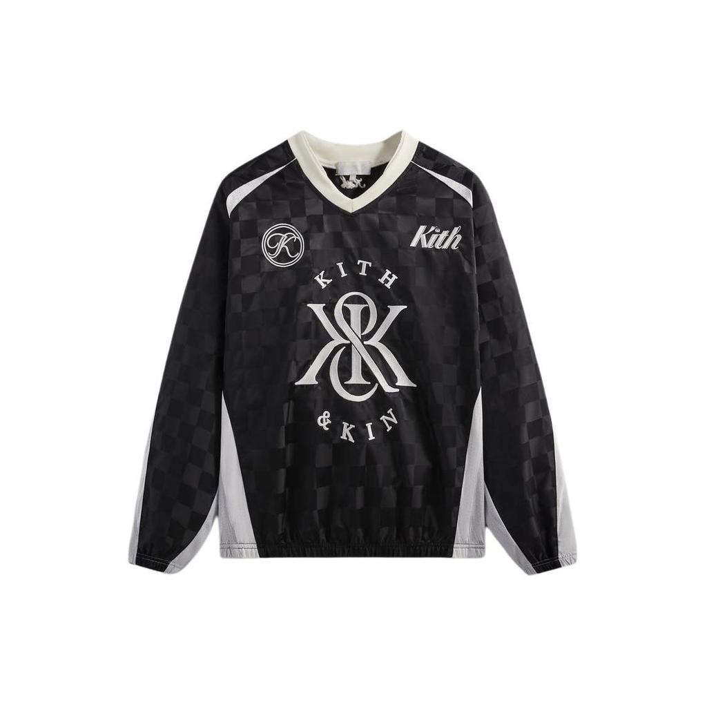 Kith V-Neck Pullover Letter Print Drop Shoulder Long Sleeve Sweatshirt Unisex Sweatshirt Black KHM031912-001