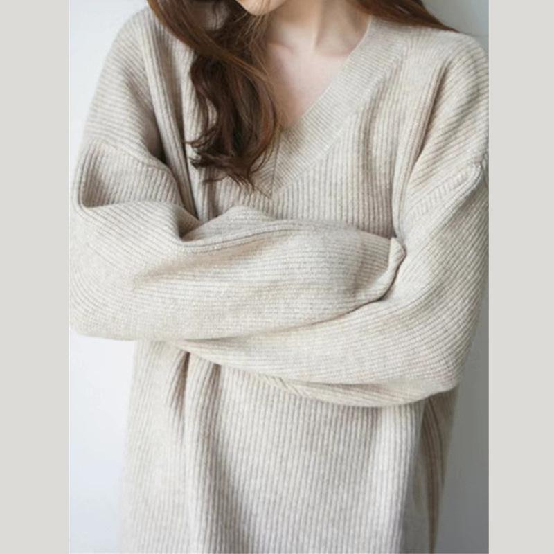 Loose and Lazy Wind V-neck Knitted Sweater Women's Autumn and Winter Thickened High-end Soft Waxy Sweater Bottoming Shirt Top