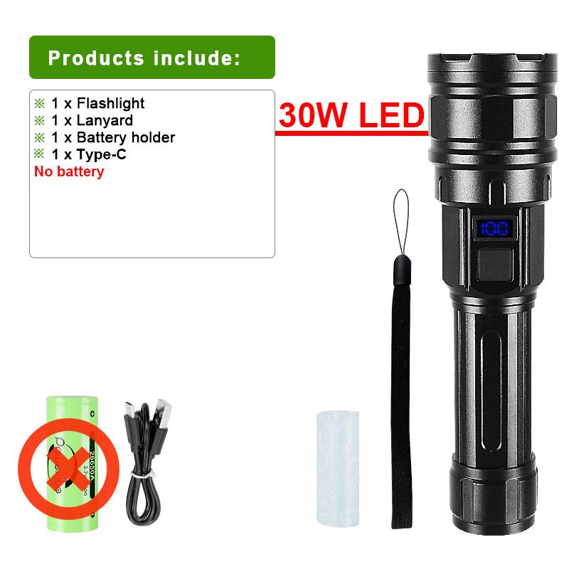 Powerful 30W LED Flashlight Super Bright Lantern Rechargeable Flashlights Waterproof Torch Strong Light Outdoor Camping Hiking Lights
