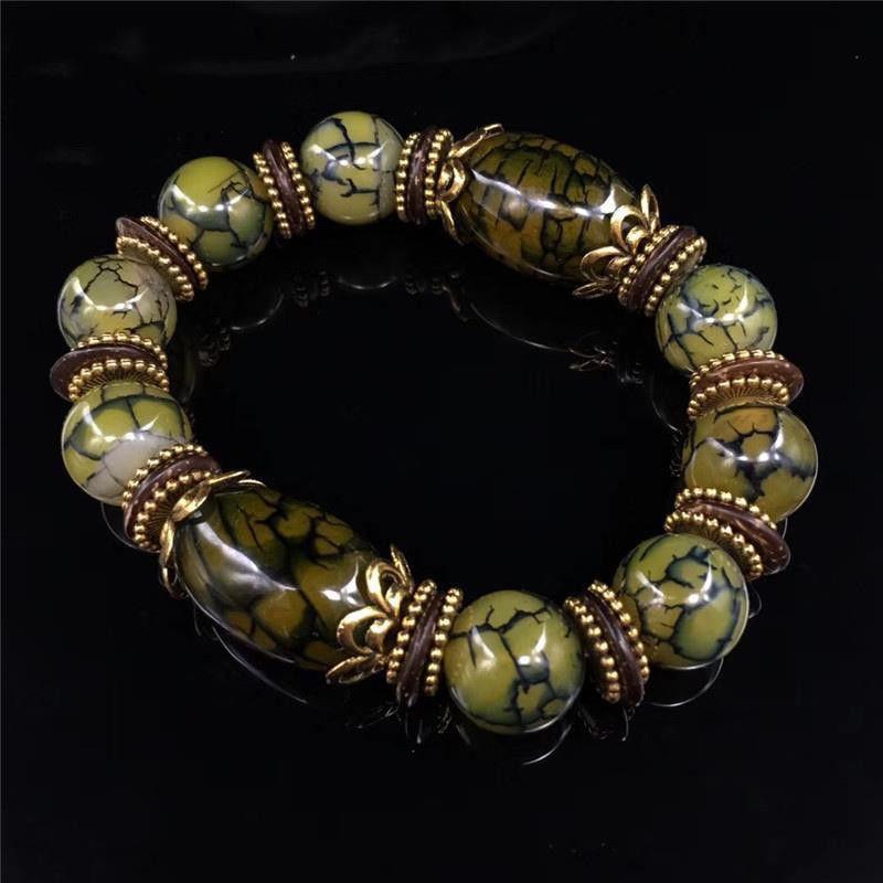 Natural Beautiful Stone Bracelet Green Ice Flower Bracelet Retro Tibetan Ethnic Style Bracelet Precious Jewelry