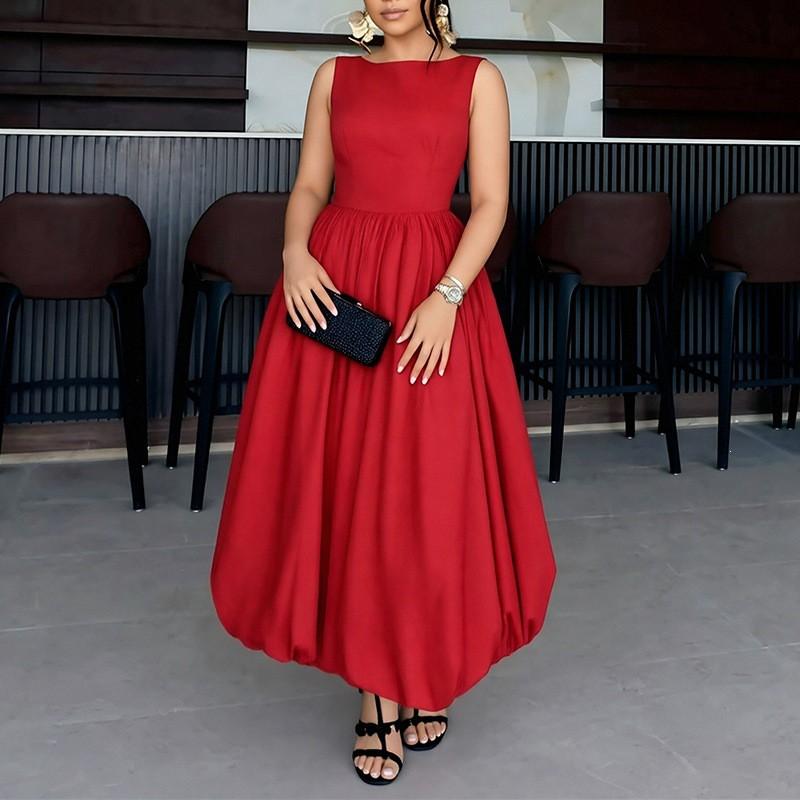 2026 Womens Sleeveless Solid Color Panelled Peplum Midi Dress High-Waisted Fit-and-Flare Style Casual Daily Wear