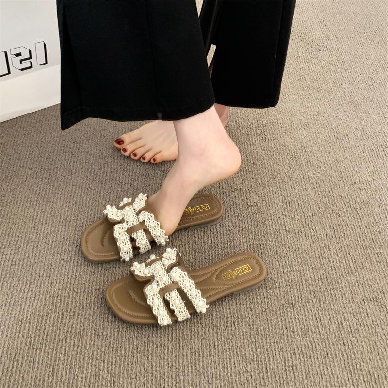 French Pearl Slippers Summer Fairy Shoes Fashionable Flat Anti-slip Slippers