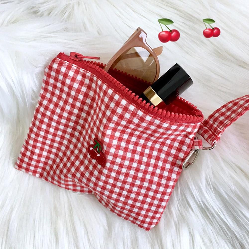 Red Cherry Canvas & Red Plaid Makeup Bag - Large Capacity Cosmetic Lipstick Storage, Portable Easy to Carry, Solve Makeup Clutte