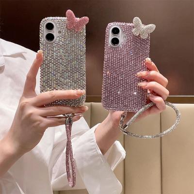 Funda de Teléfono Móvil con Mariposa Tridimensional de Pedrería para IPhone17promax Correa de Mano para Apple 16 Carcasa Dura 14 Modelo Nuevo Femenino
