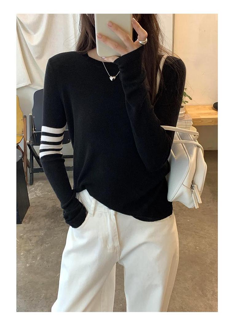 Koreanischer College-Stil Damen Gestreiftes Wollstrick Langarm Oberteil – Frühher Herbst Slim Fit