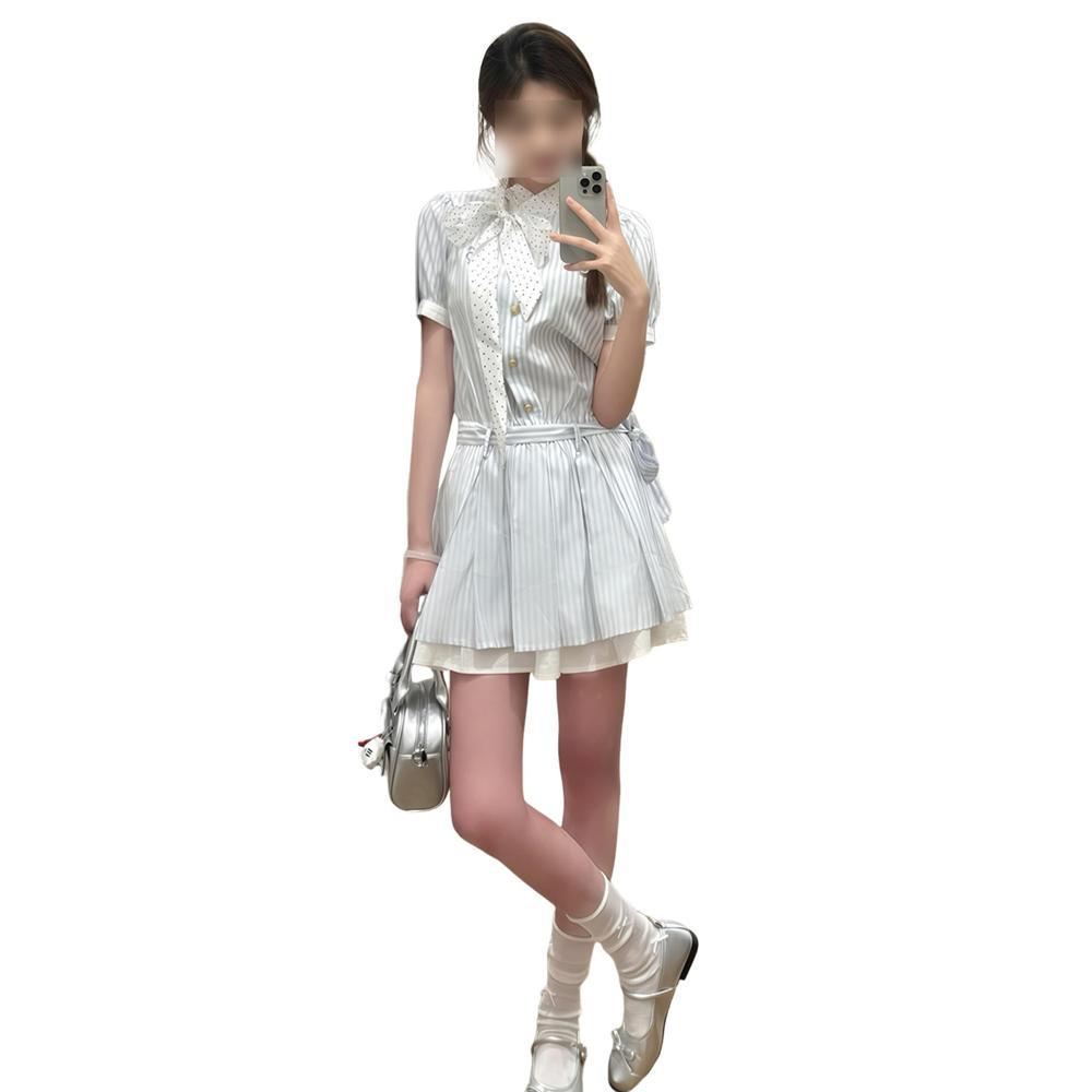 New college style blue striped shirt dress children's summer casual small temperament waist a-word skirt