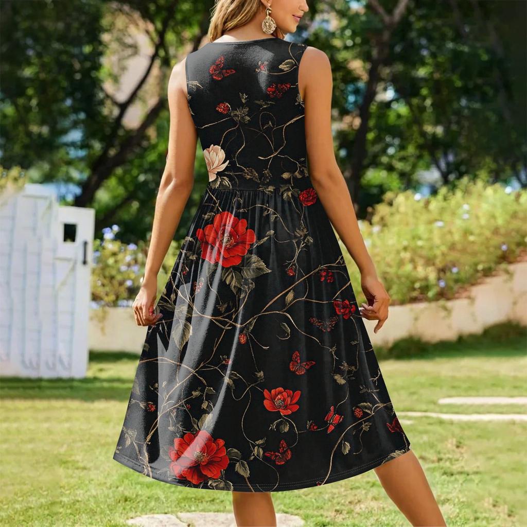 Women's Fashionable Printed Round Neck Sleeveless Casual Pullover Pocket Mid Length Dress