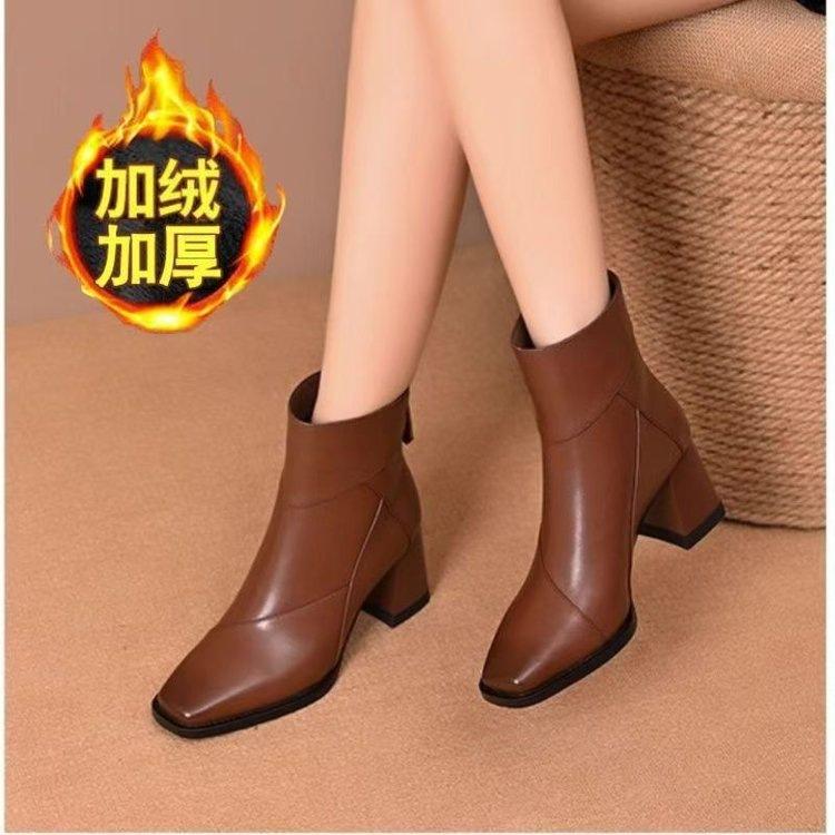 Comfortable Thick Heel Short Boots Autumn and Winter New High Heel Bare Boots Velvet Square Head Black Thin British Martin Boots