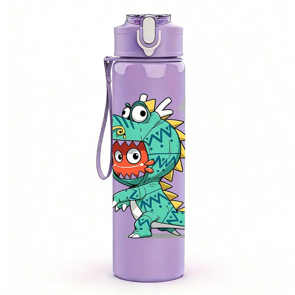 1PC Little Dinosaur Cartoon Character Print 750ml Color Plastic Sports Water Bottle Leakproof Flip Straw Lid Suitable for Sports Office Home Use