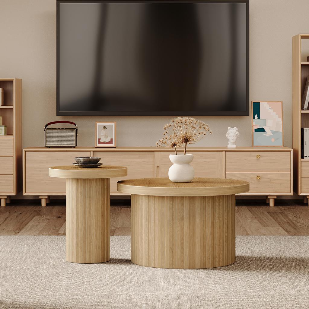 Coffee Table, Double Round Table, Side Table with Natural Wood Slats. Multifunctional Living Room Table