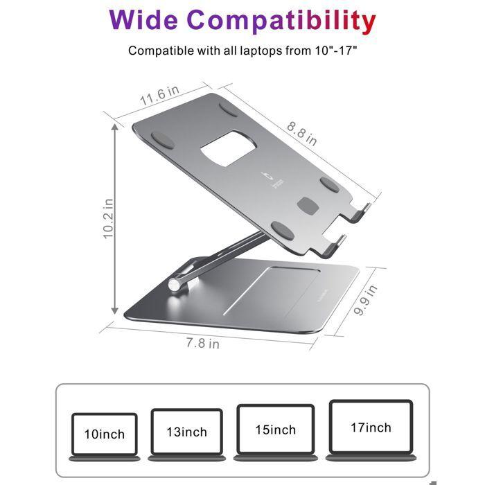 Support Ordinateur Portable - BROCOON - Universel 10-17" - Pliable - Réglable - Aluminium gris
